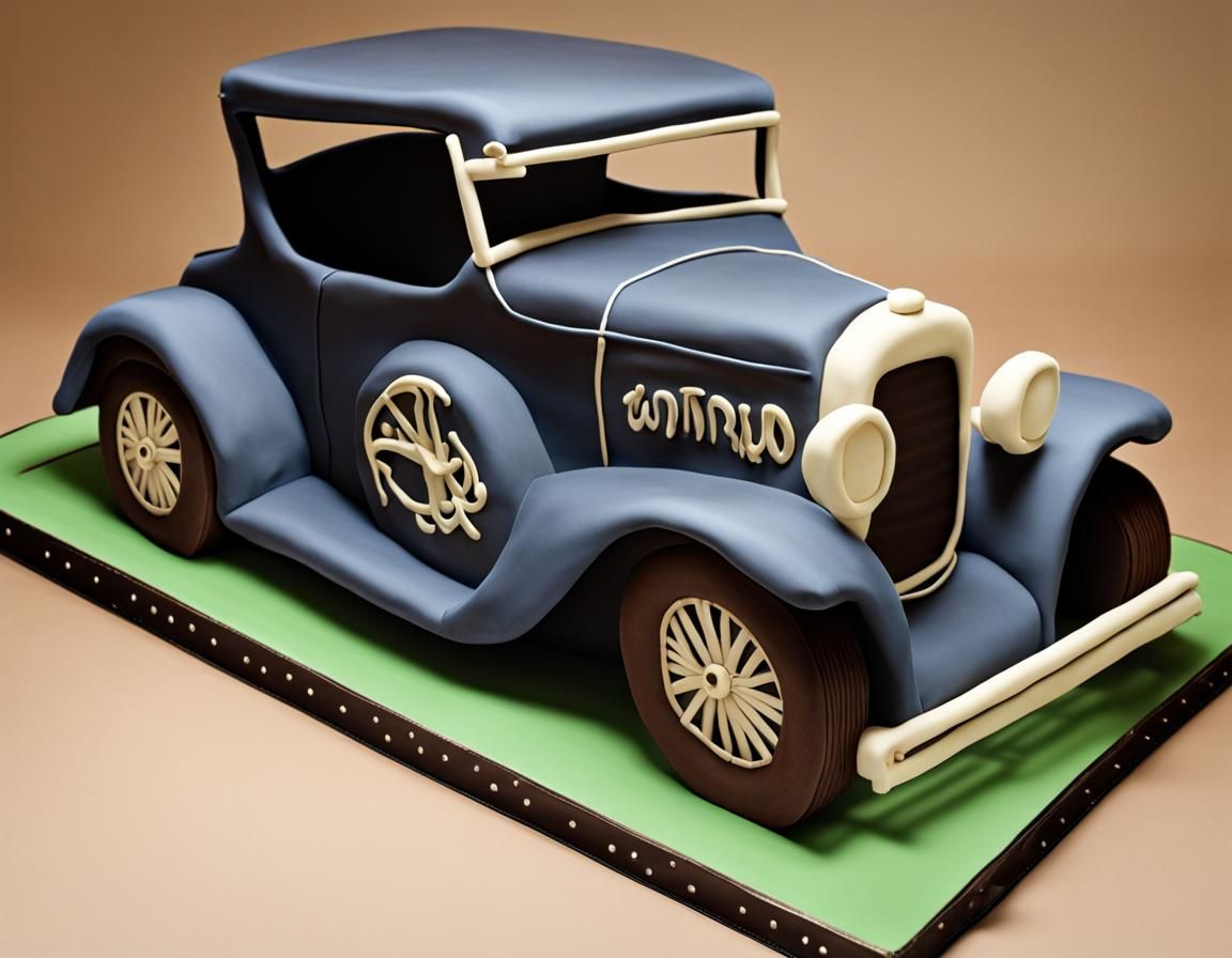 Cake in the shape of a blue Ford-T