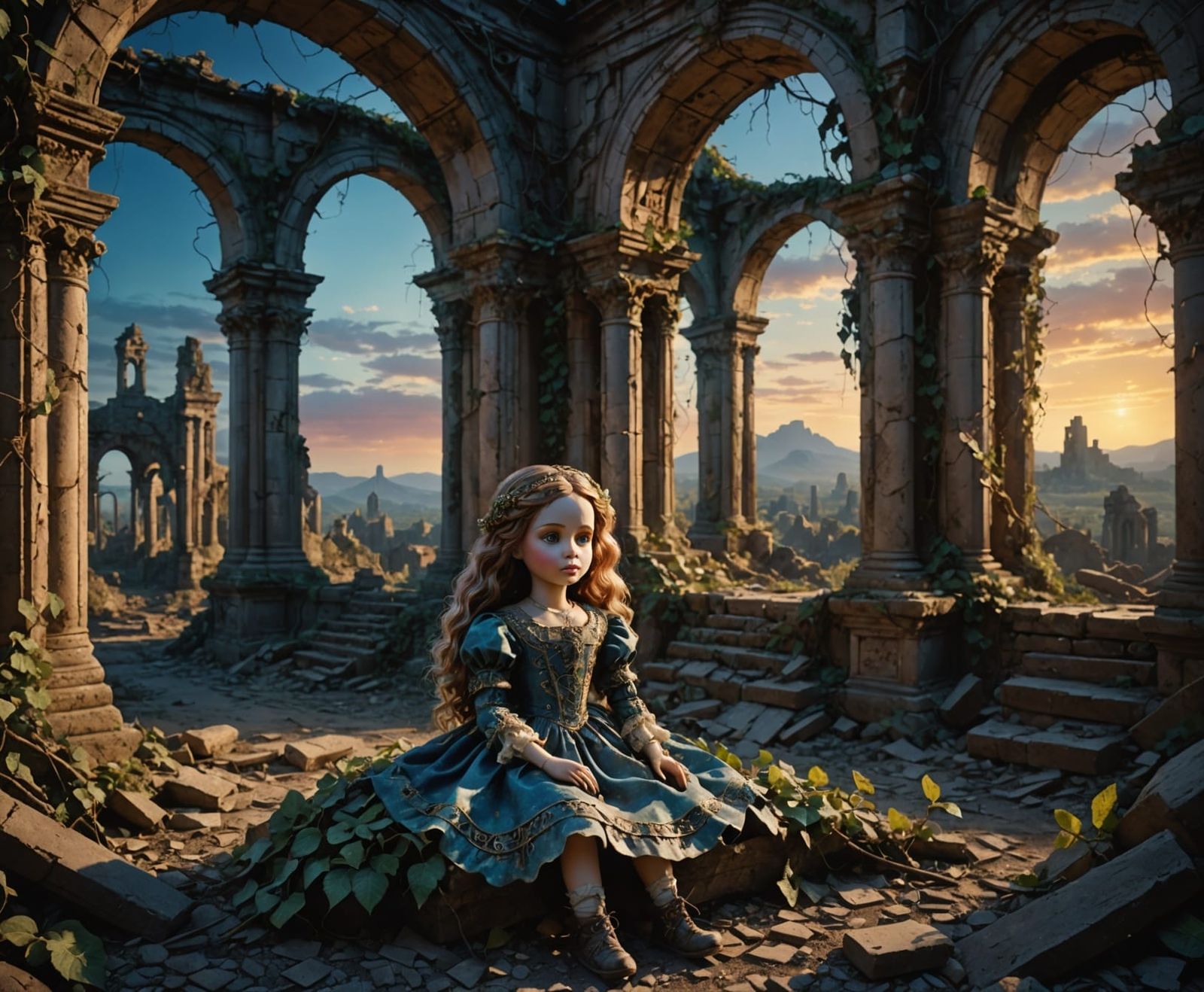 Porcelain Doll in Ancient Ruins Under Twilight Sky
