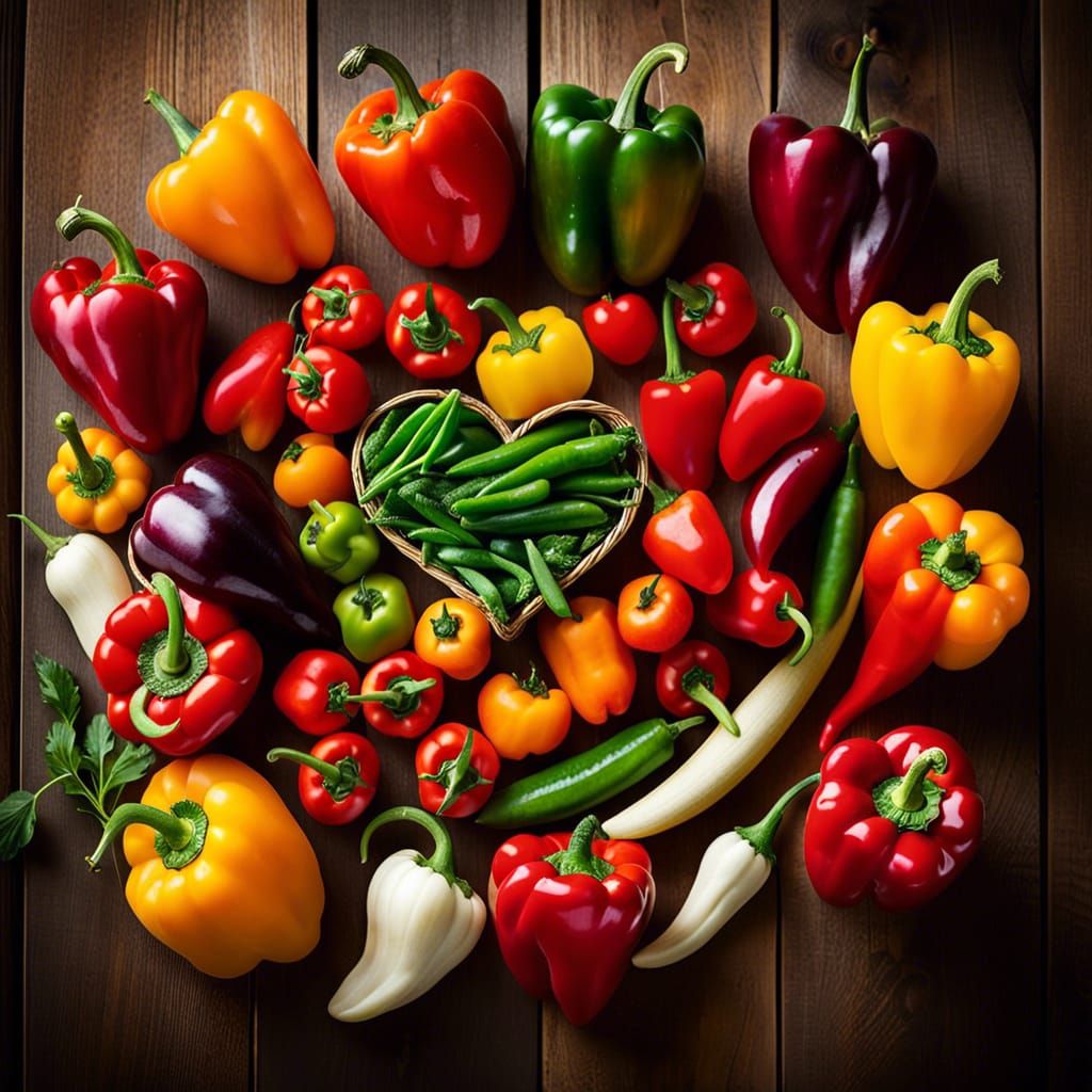Heart-Shaped Peppers on Rustic Table: Food Photography