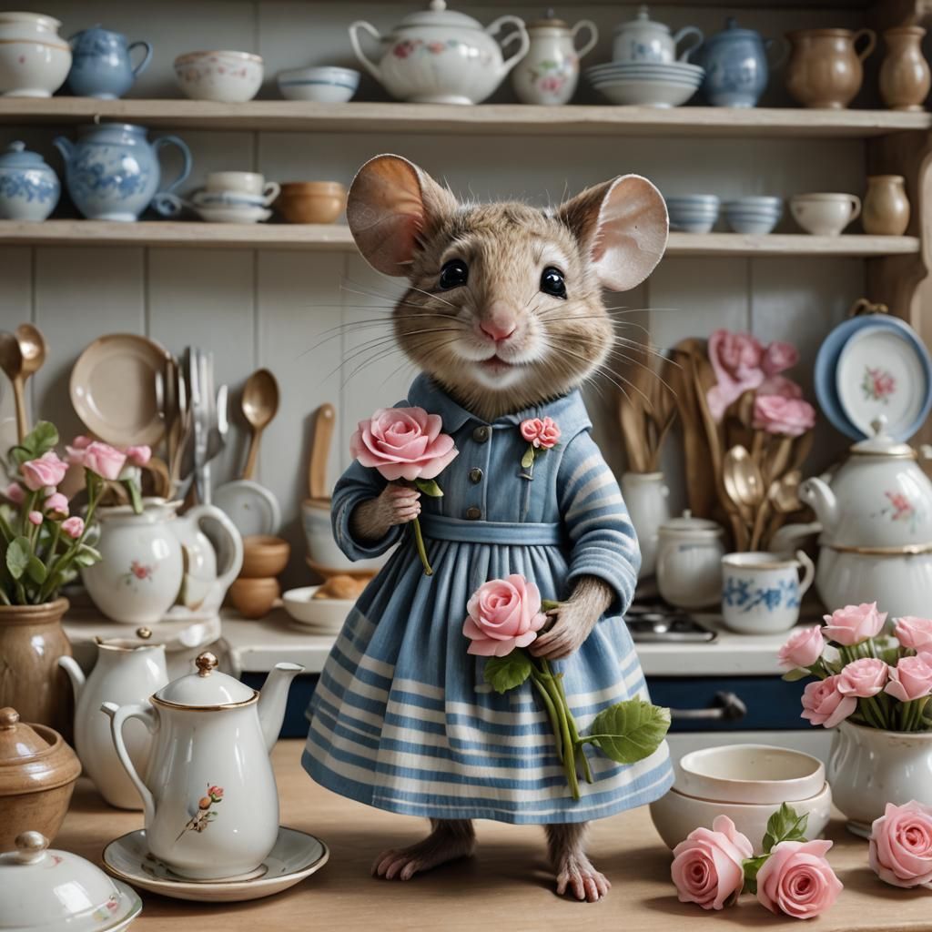 Charming Mouse in Kitchen, Beatrix Potter Style