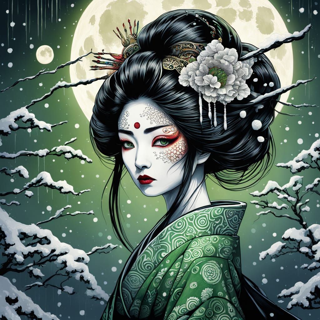 Mystical Geisha Under Snowy Moonlight