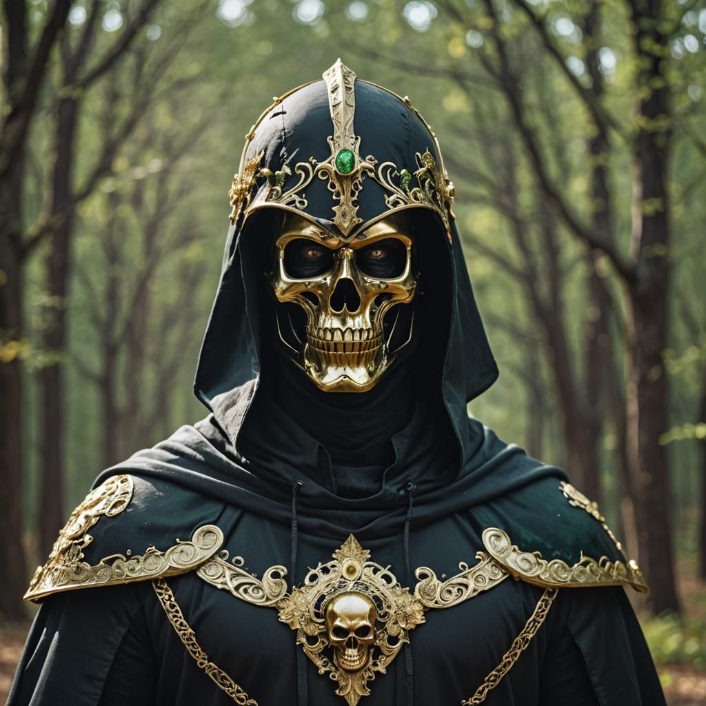 Armored Figure with Skull Helmet and Green Energy