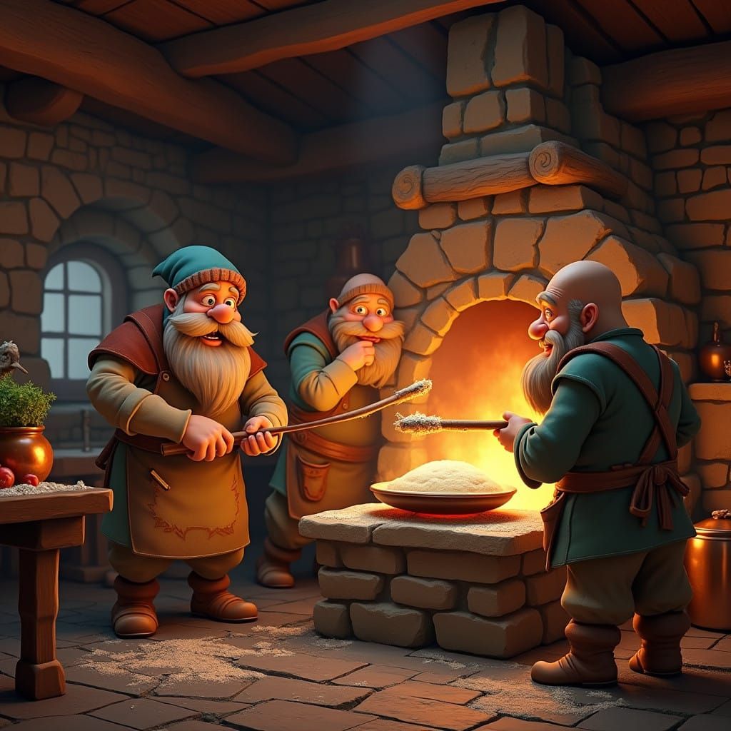 Three Dwarves Gather Around Warm Hearth in Whimsical Disney-...