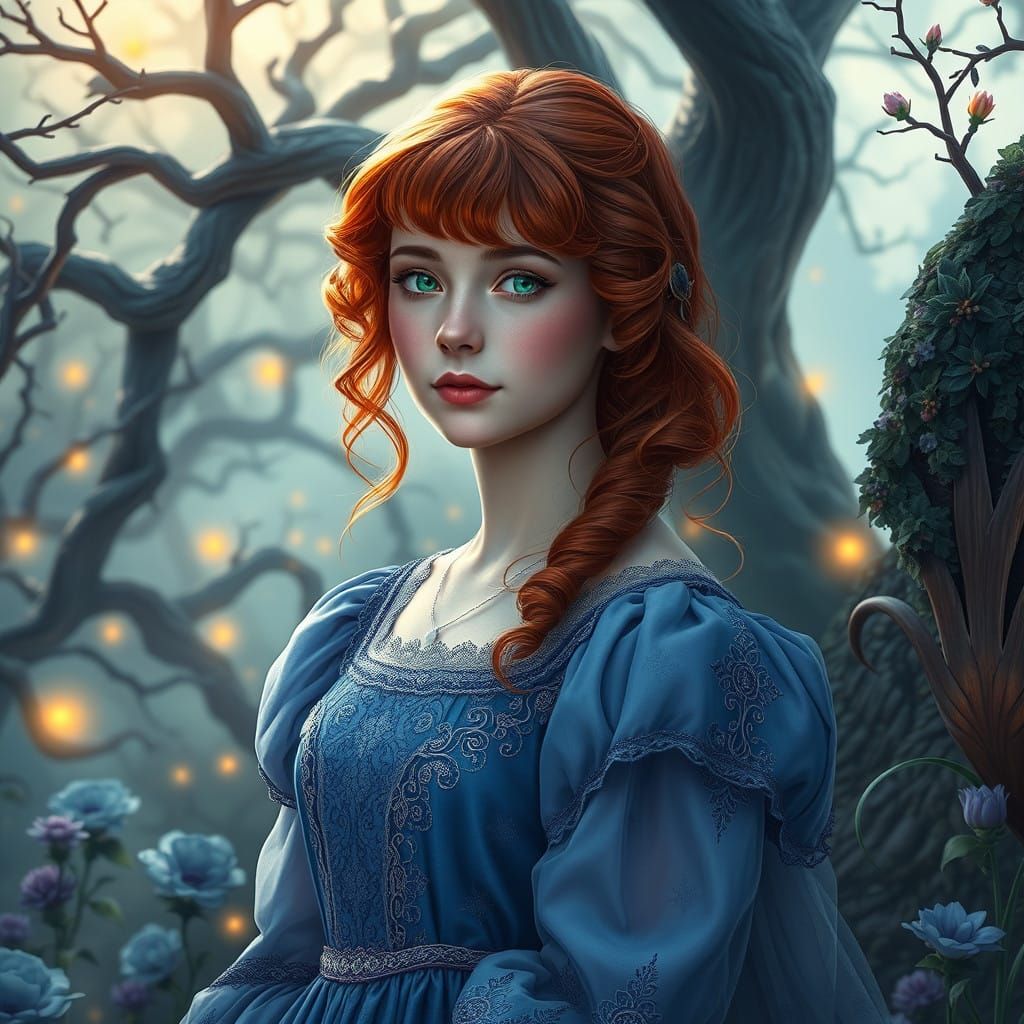 Girl in Whimsical Fantasy Landscape with Red Hair