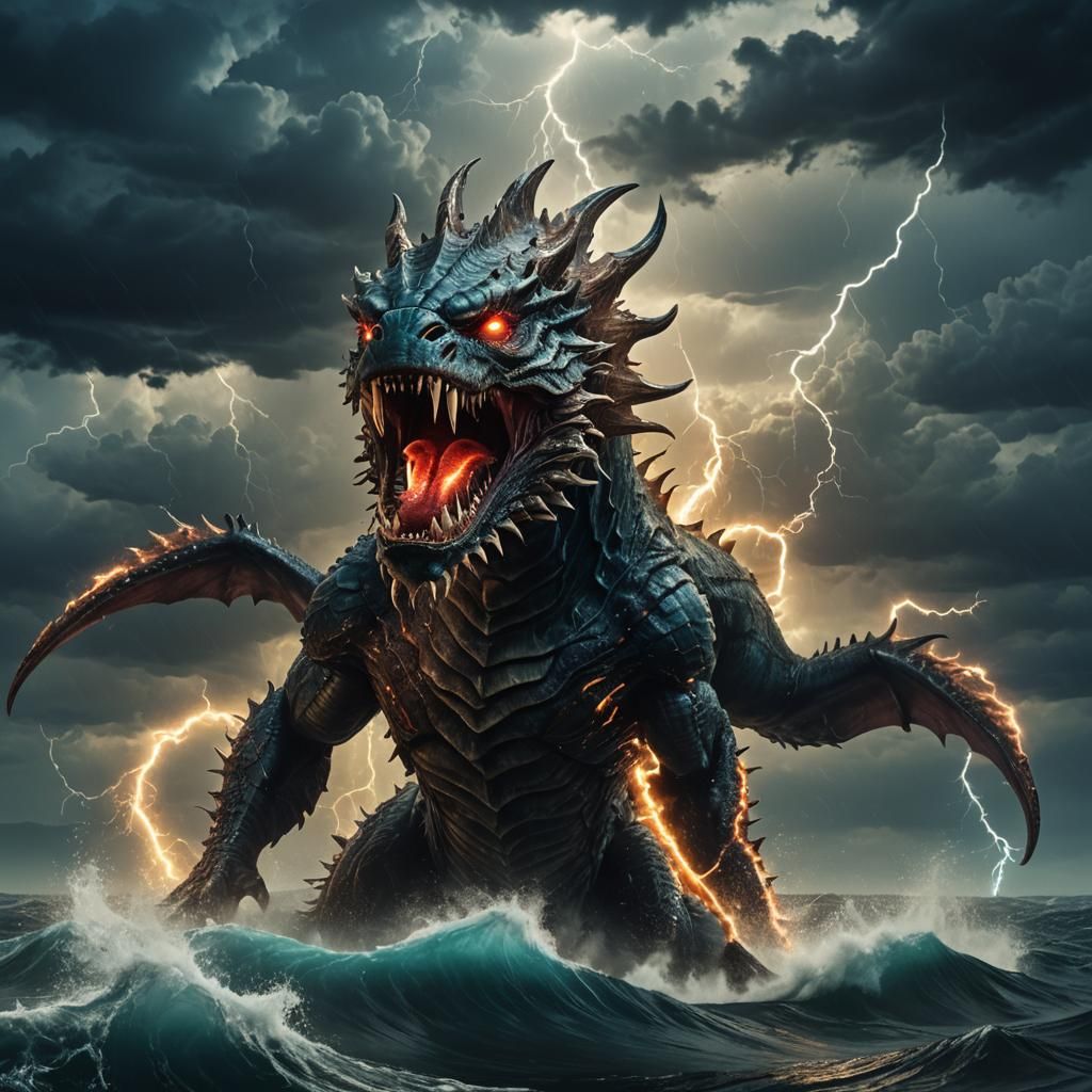 Bioluminescent Sea Monster Rises in Stormy Seas