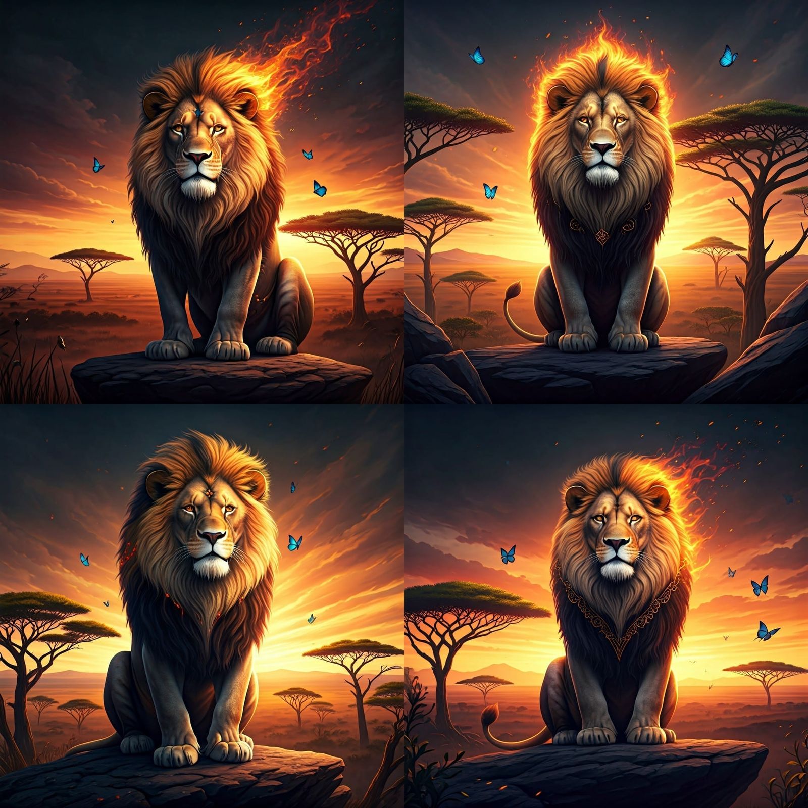 Fiery Lion Overlooking Sun-Drenched Savanna in Dark Fantasy ...