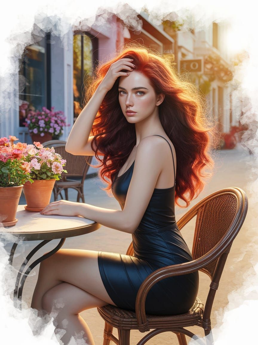 Redhead Cafe Scene in Watercolor Sfumato Style