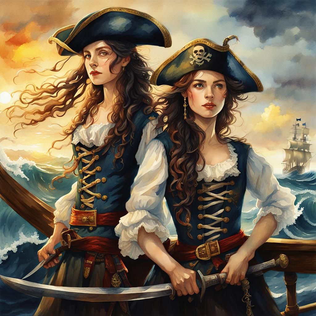 Pirate Sisters on Ship in Watercolor