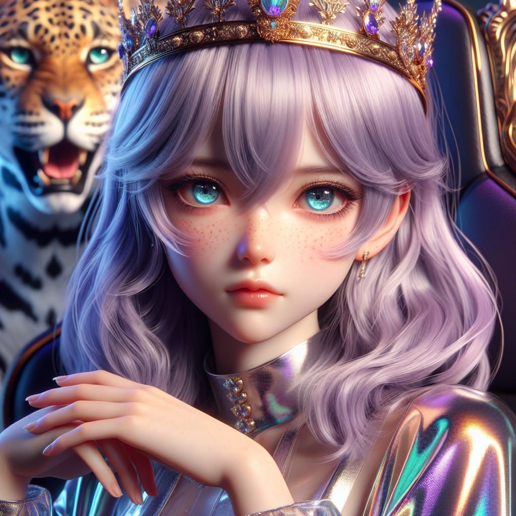 hyper realistic anime girl 8k light purple hair, stylish thin crown made of gold and shining gems, fine features, phonk ...