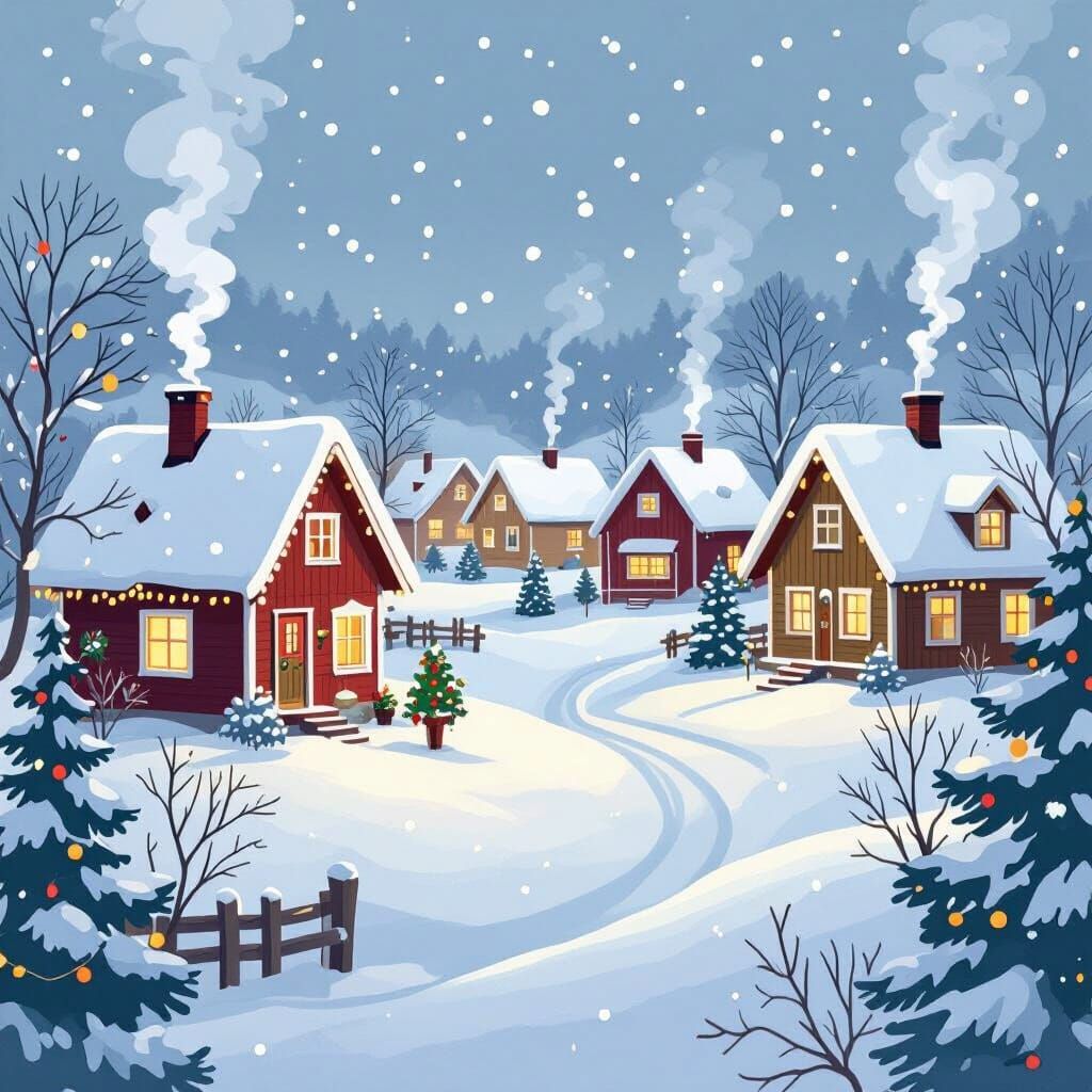 Cozy Finnish Christmas Village in Gentle Snowfall