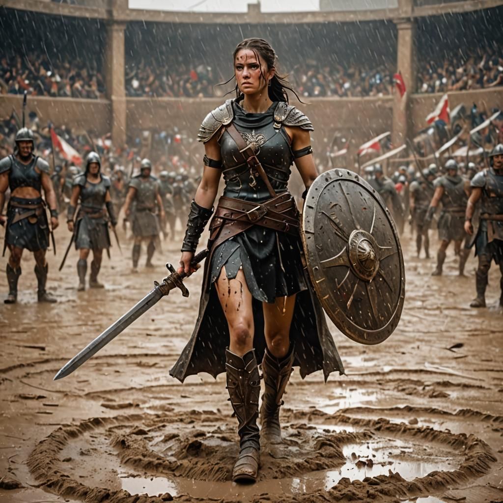 Gladiatrix in Rain: A Warrior's Defiance