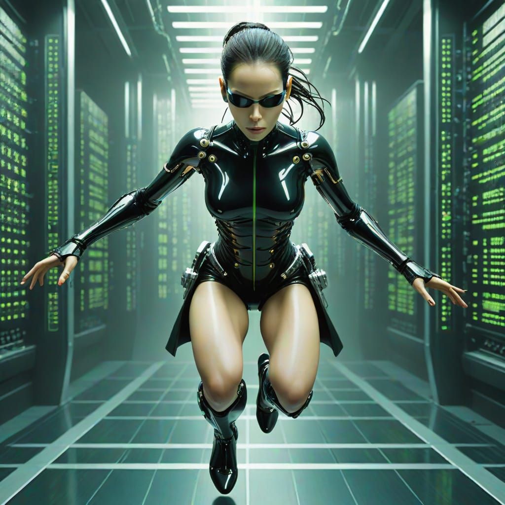 Cyborg Lady in Midair, Surrounded by Glowing Matrix Code