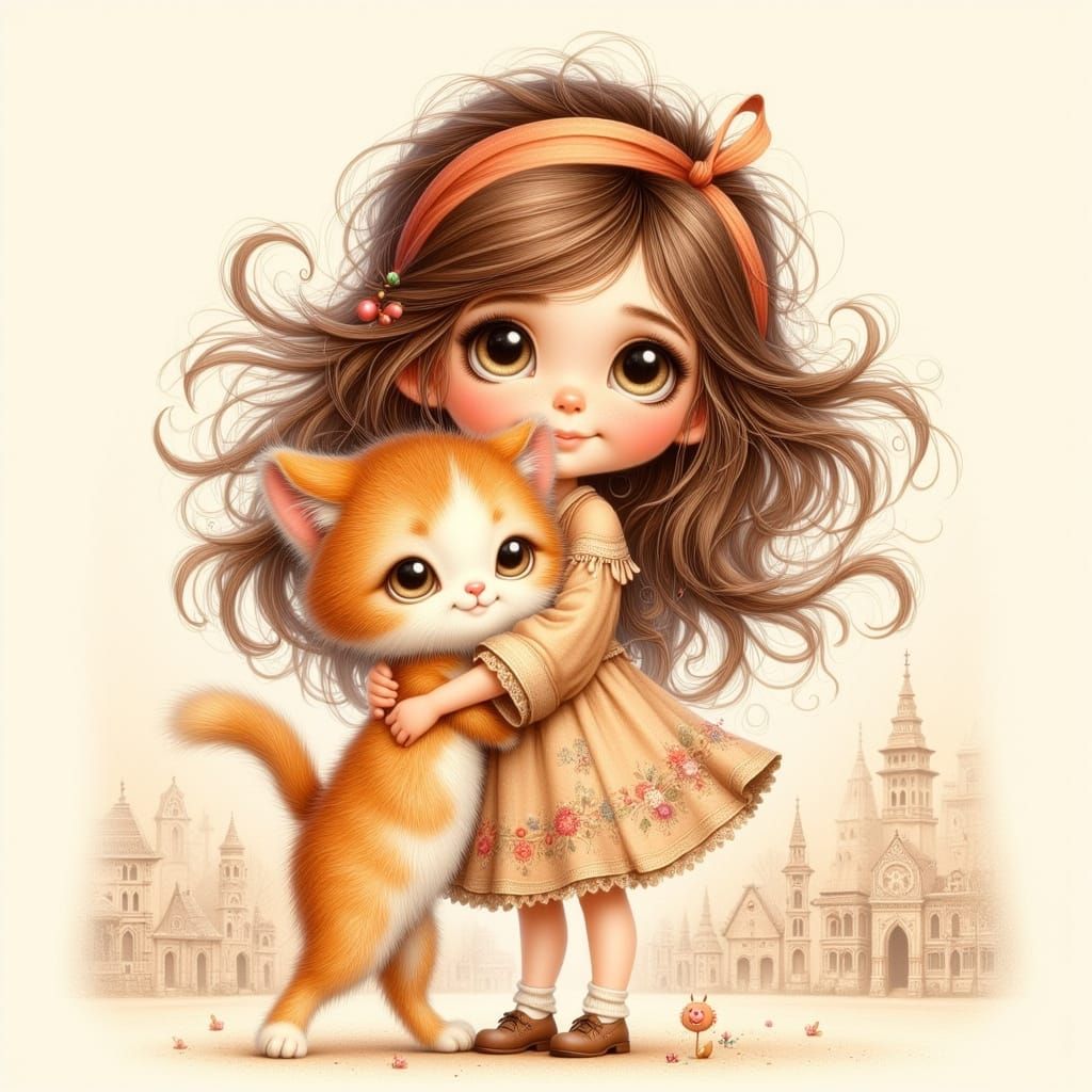 Girl with Cat in Whimsical Cartoon Illustration