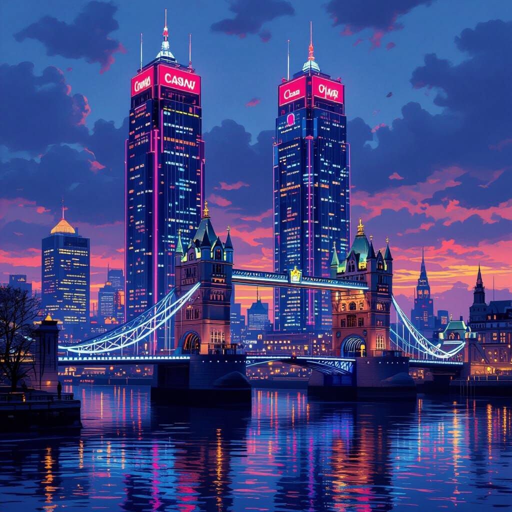 Cyberpunk Cityscape with Casinos and Ornate Bridge