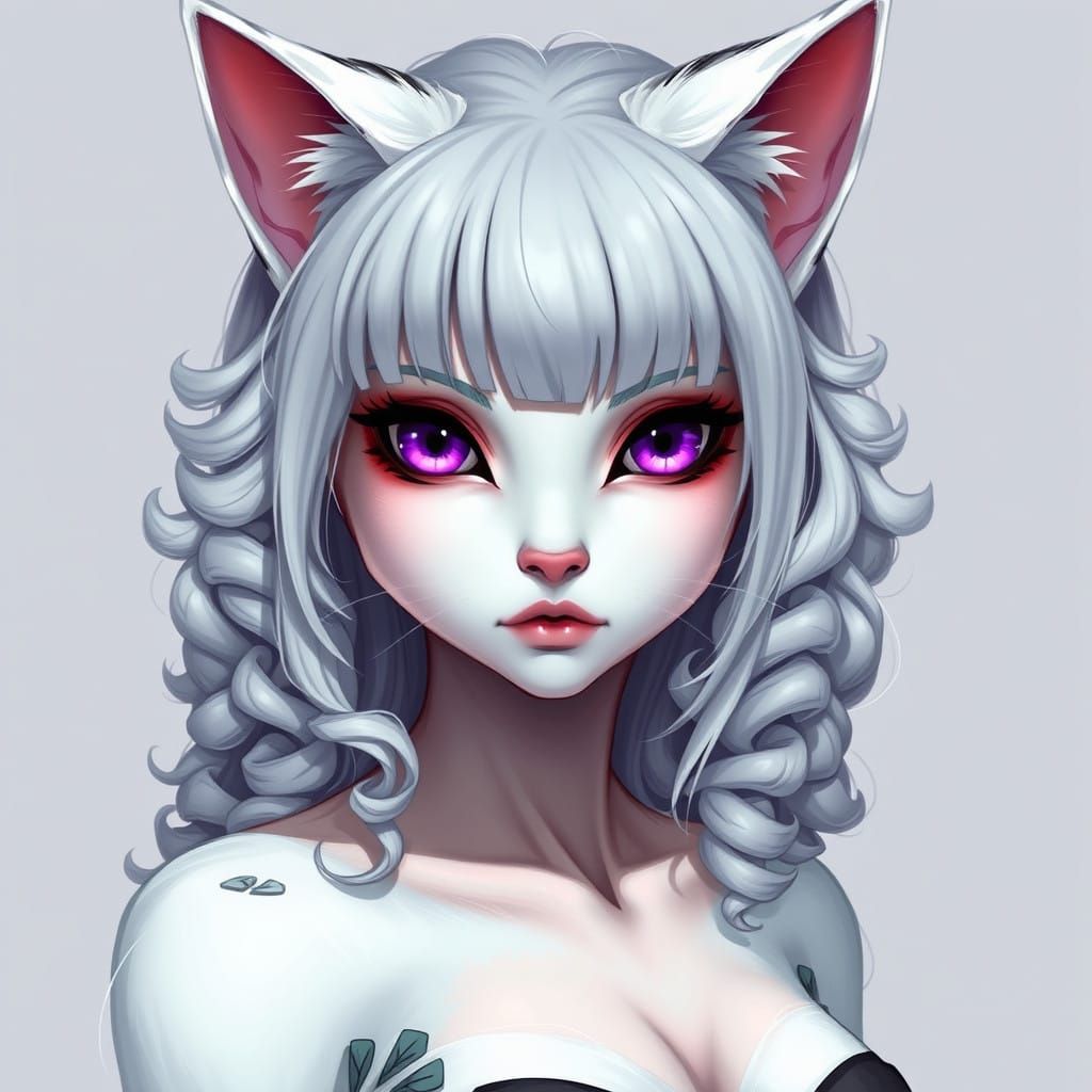 Cyberpunk Catgirl with White Hair and Violet Eyes