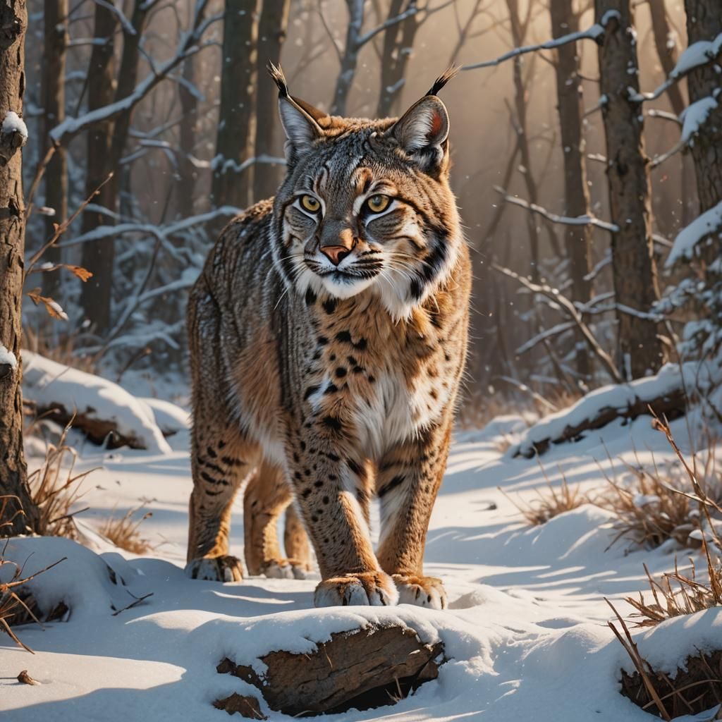 Bobcat Hunting Hare in Winter Landscape