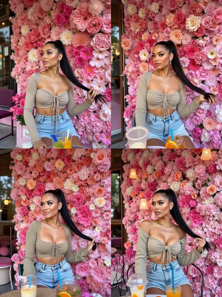 Stylish Woman at Cafe with Pink Floral Wall