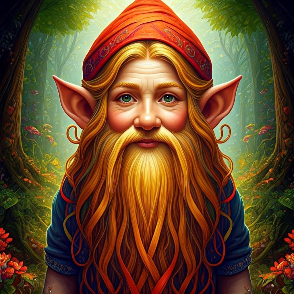 Colorful Gnome with Ribbon Beard in Forest