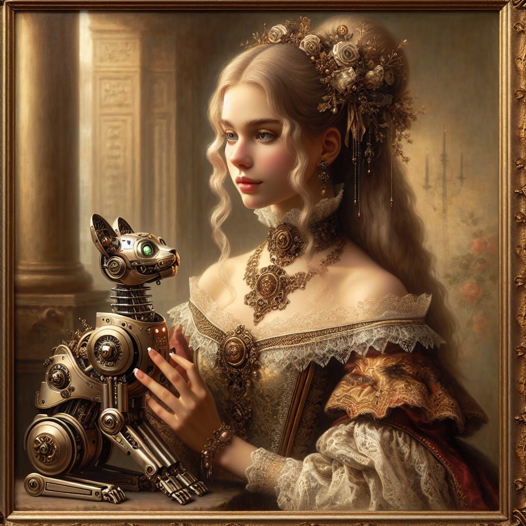 Young Victorian Woman Holding Mechanical Cat in Elegant Rena...