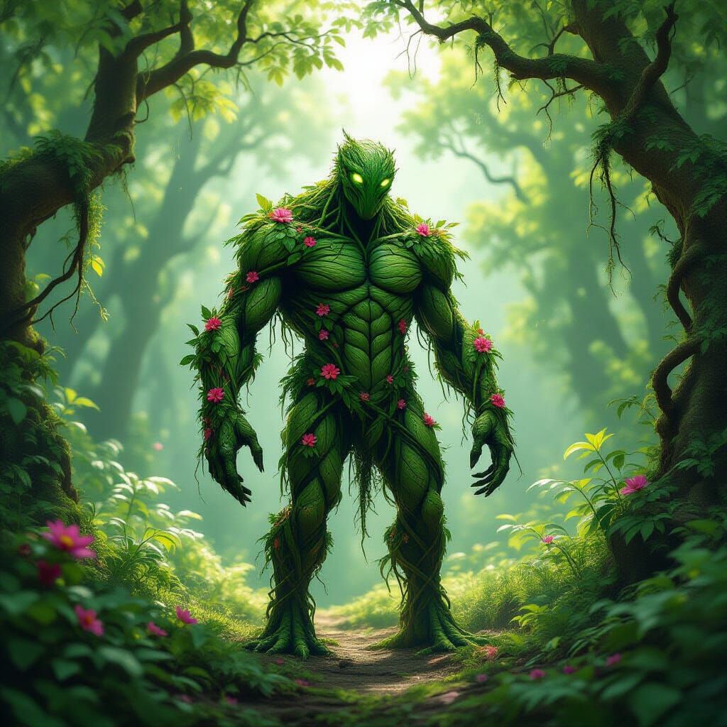 Hyperrealistic Vine Monster in Forest Clearing