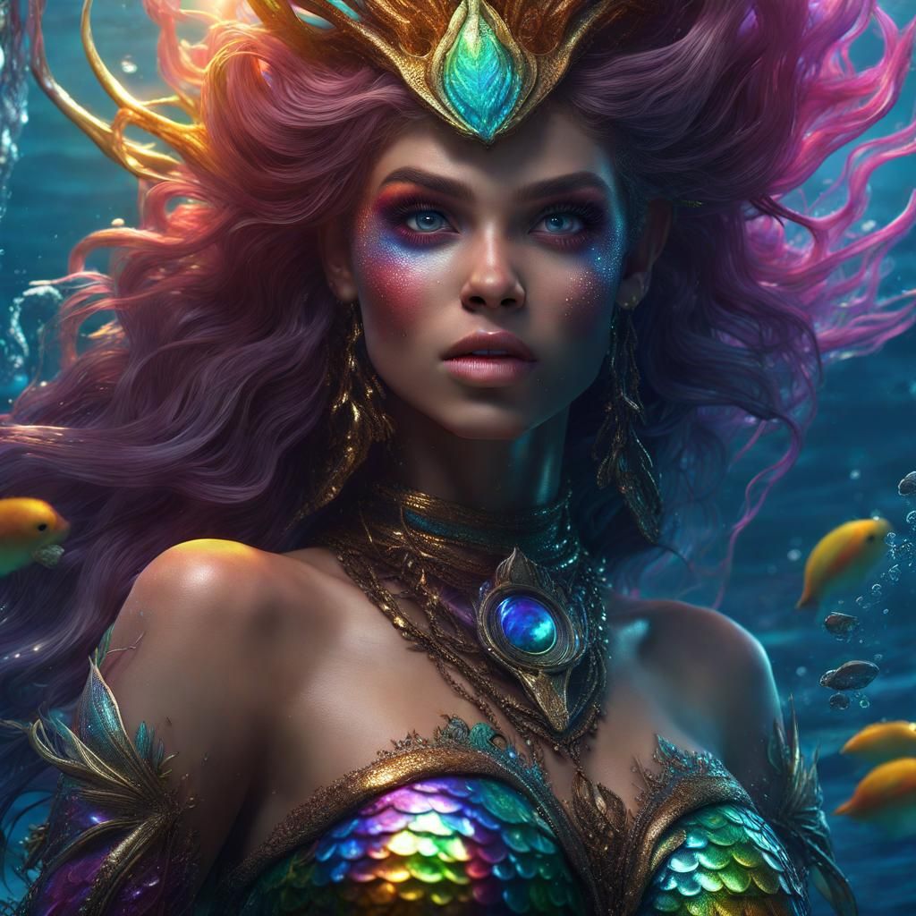 Rainbow-Eyed Mermaid Princess in Detailed Digital Painting