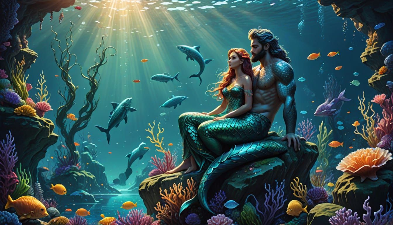 Serene Oceanic Scene of Merman and Mermaid