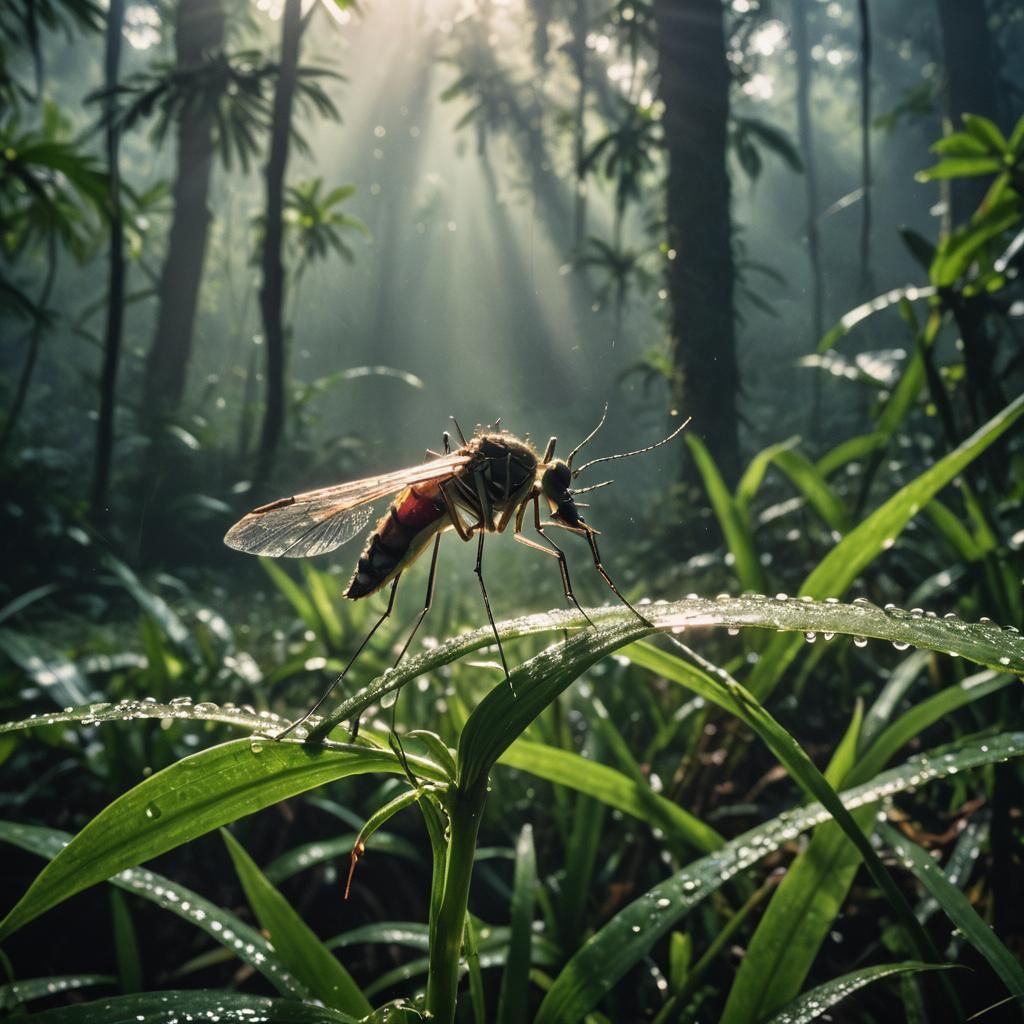 Mosquito Drinks Water Droplet in Rainforest