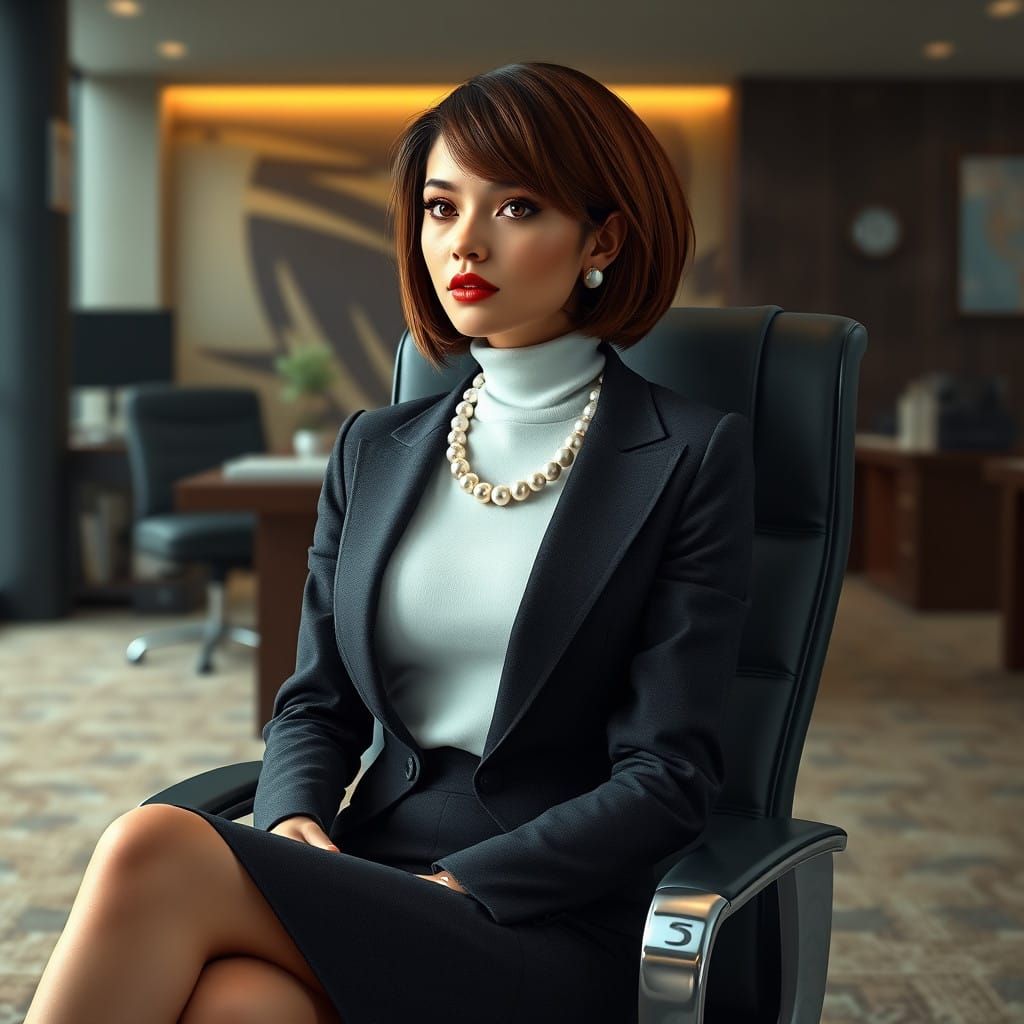 Confident Secretary in Futuristic Office Attire