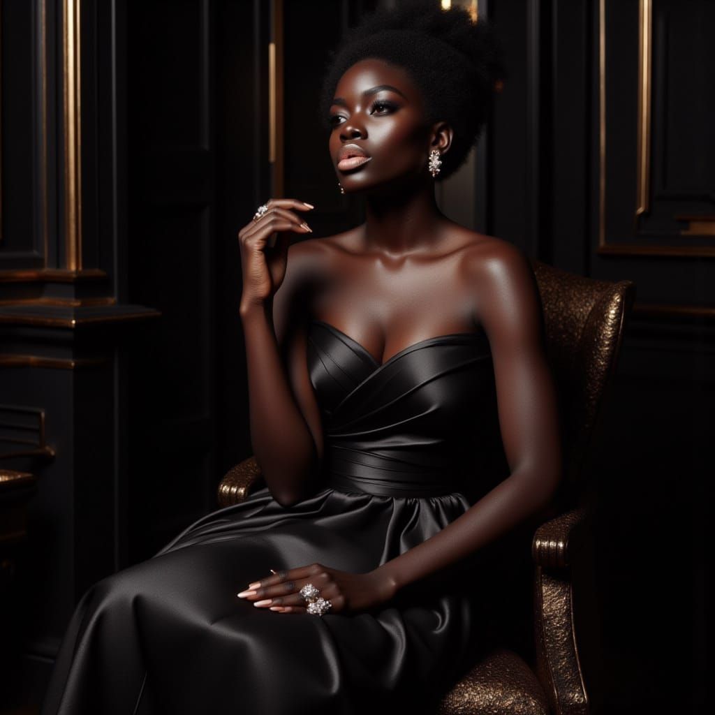 Woman in Silk Gown with Diamond Jewelry, Parisian Salon Port...