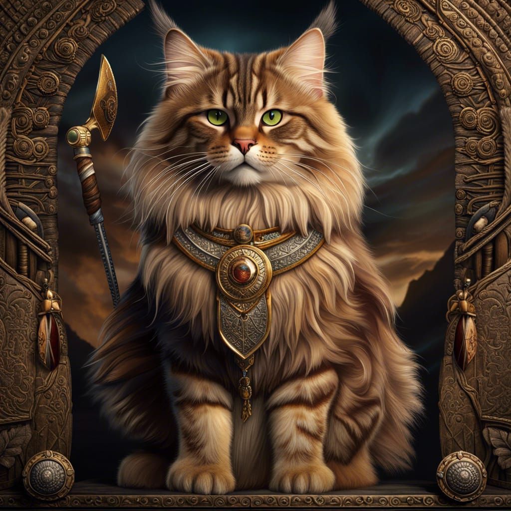 Fierce Tabby Cat Viking Warrior on Battlefield