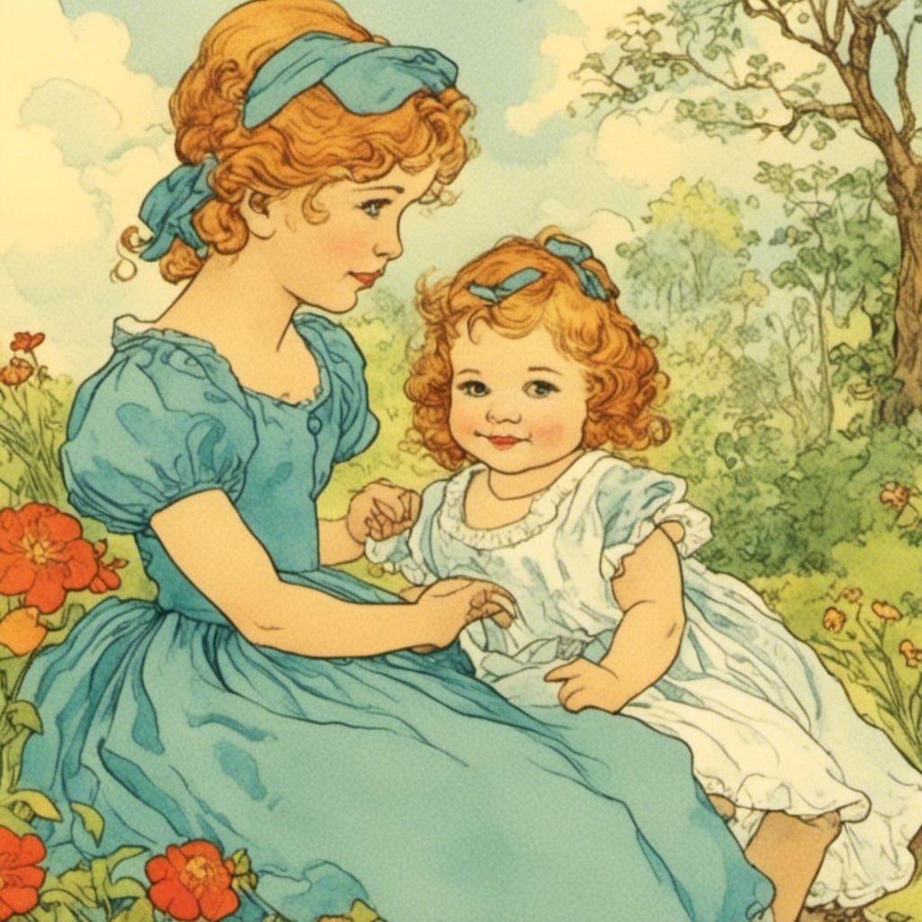 <lora:Fairytale:1.0> retro coloring book cutest baby girl in vintage dress and hair
