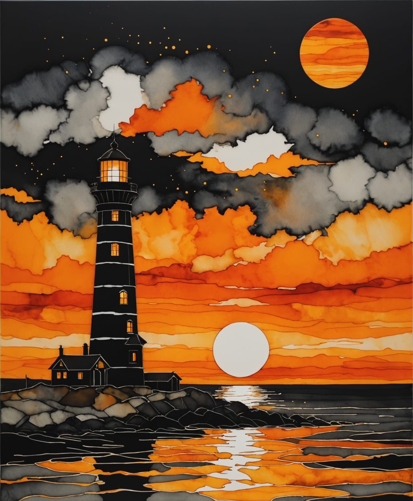 Stylized Lighthouse at Sunset in Alcohol Ink Marbling