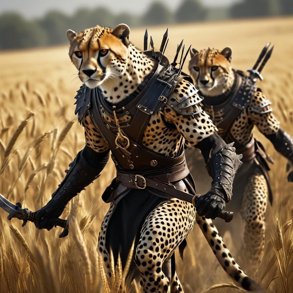 Bipedal Cheetahs in Wheat Field: Dark Fantasy Art