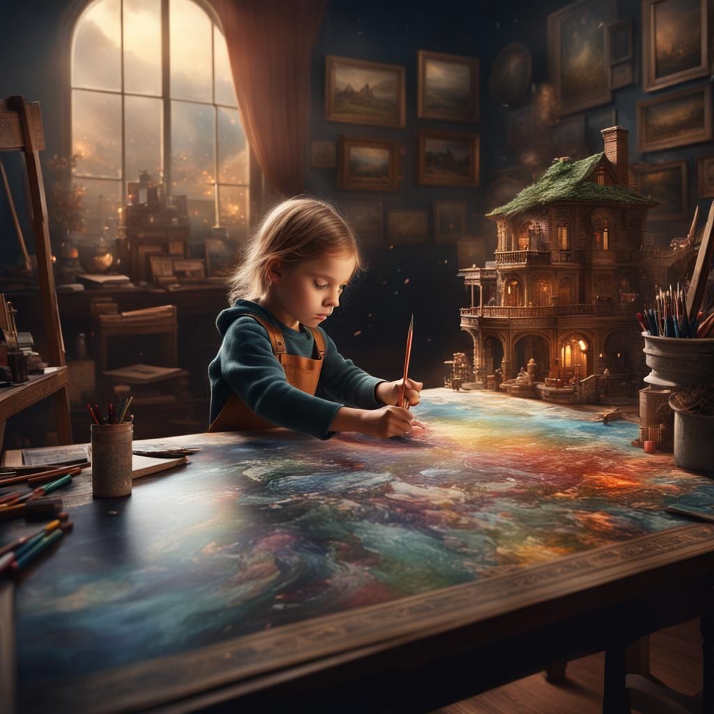 Child Artist Creating Masterpiece: Digital Matte Painting