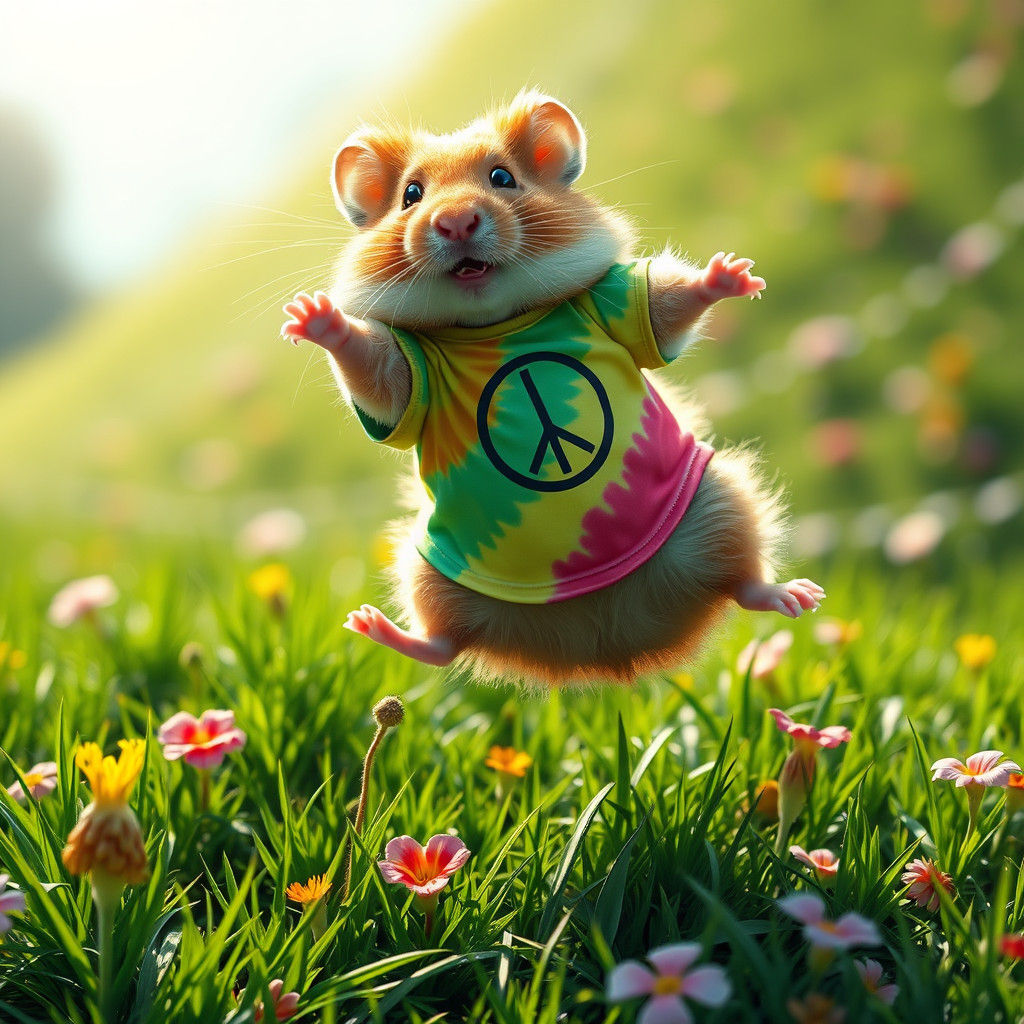 Peaceful Hamster Somersaults in a Lush Landscape