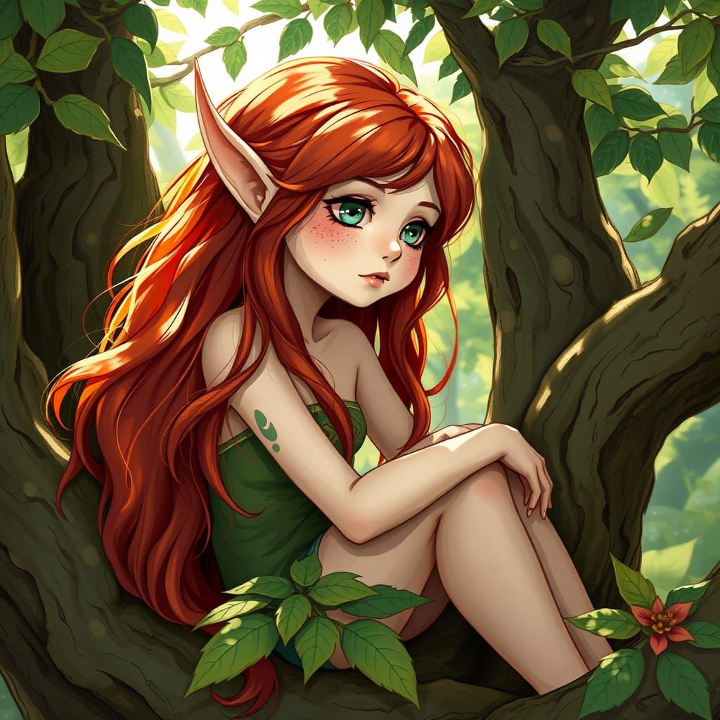 A beautiful female forest elf, red hair and freckles, sittin...