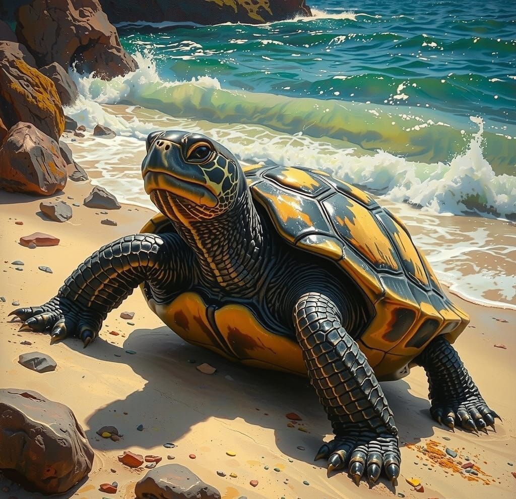 Turtle in Vibrant Beach Scene