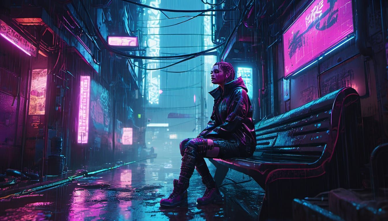 Cyberpunk Woman in Neon-Lit Dystopian Alleyway