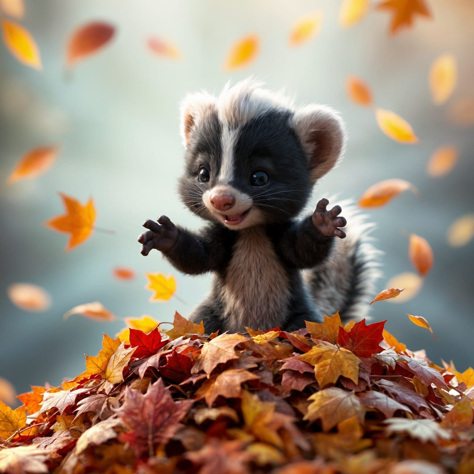 Baby Skunk Playing in Autumn Leaves Pixar Style