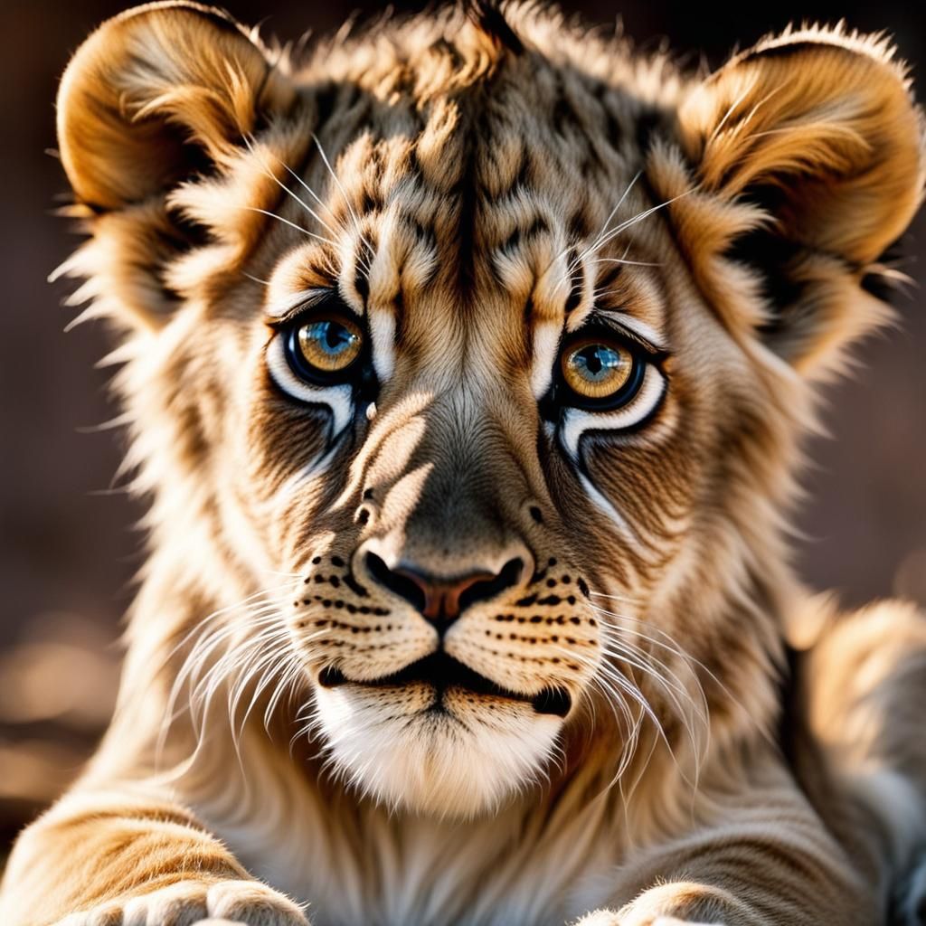 Adorable Lion Cub with Large Eyes: A Cinematic Portrait