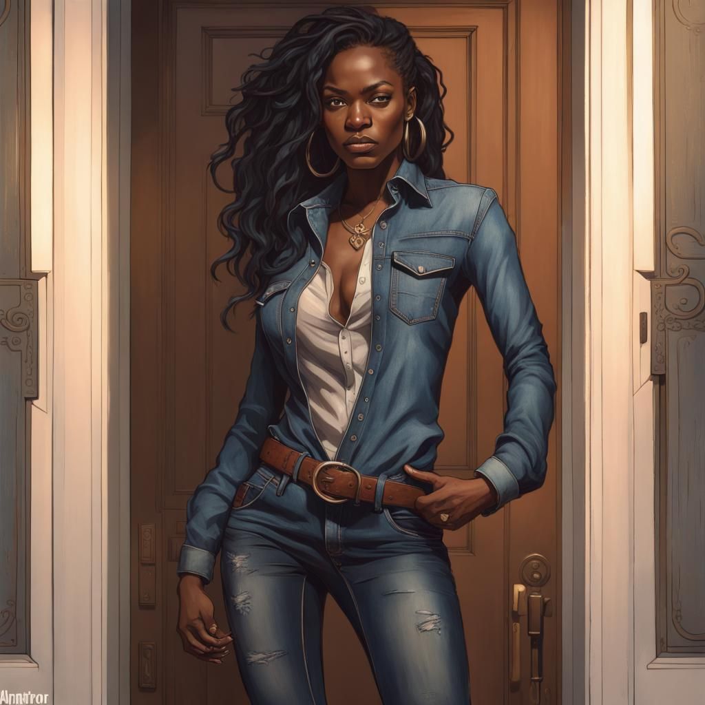 Black Woman in Denim: Hyperdetailed Artgerm-Inspired Portrai...