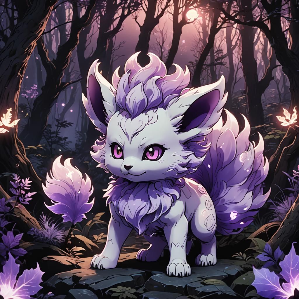 Bioluminescent Porcelain Vulpix in Anime Manga Style