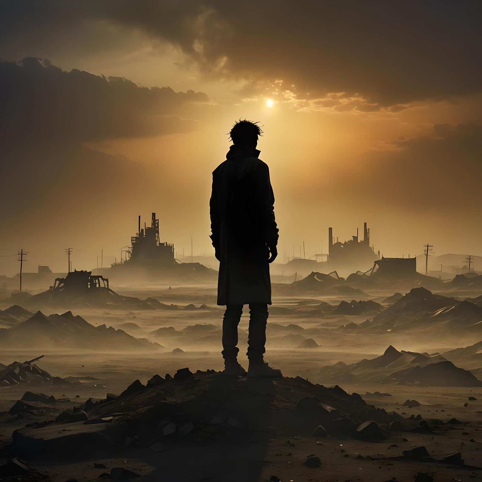 Desolate Wasteland with Human Silhouette in Vivid Colors