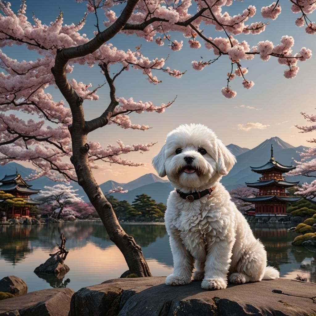 Sakura Tree and Bichon Frise Puppy: 8K Photorealism