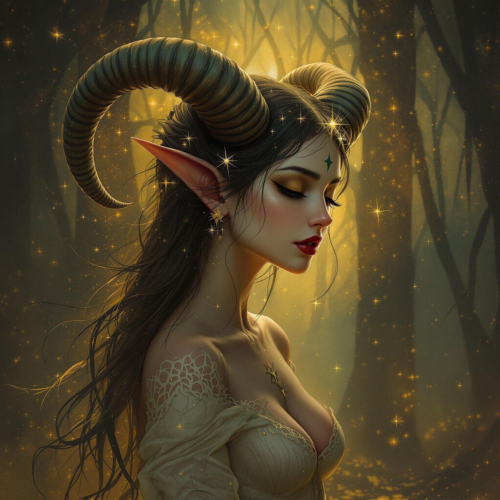 Ethereal Horned Forest Girl in Golden Hour