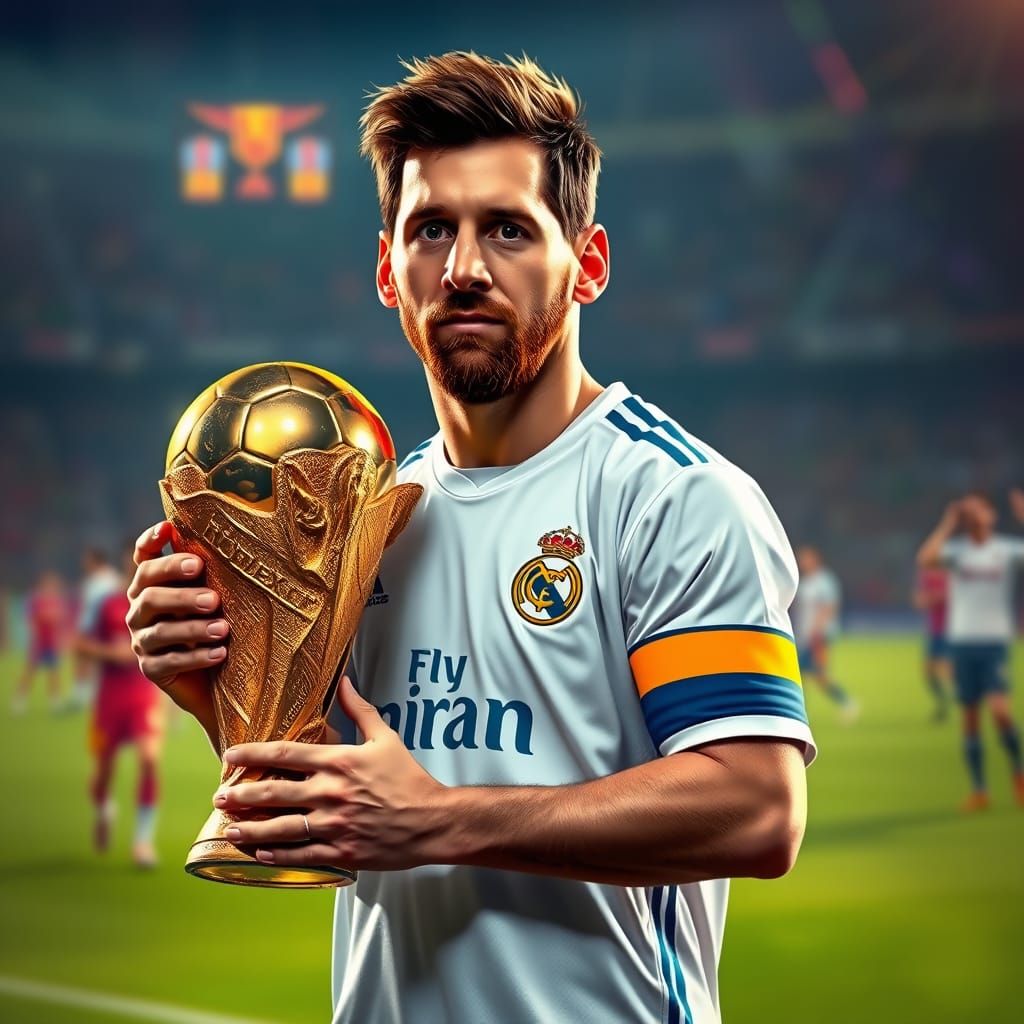 Messi in Real Madrid Jersey Holding World Cup