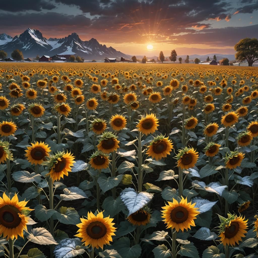 Sunflowers in Snow: Detailed Matte Painting at Sunset