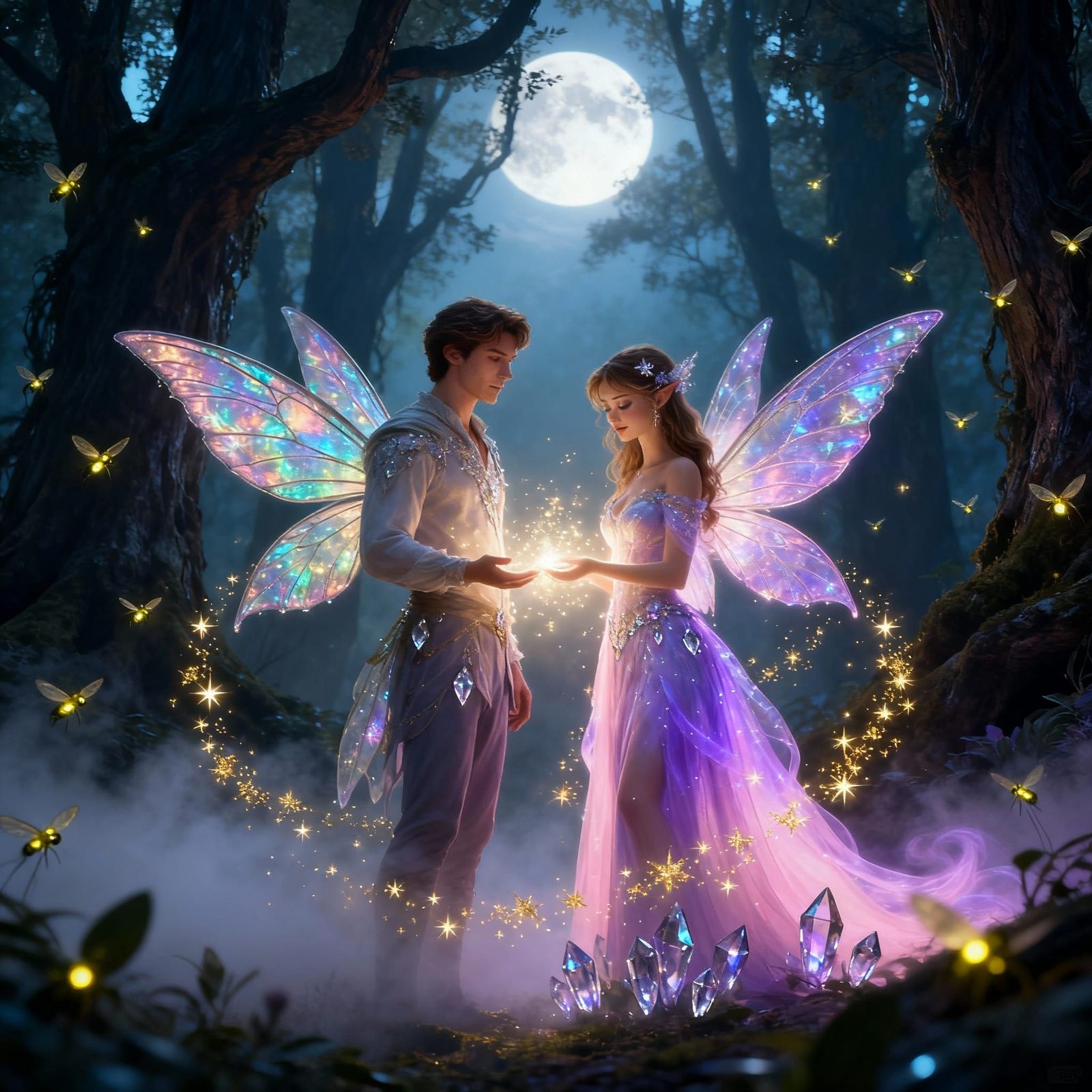 Magical Male and Female Fairies in Enchanted Forest