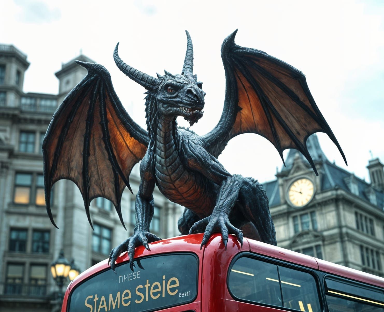 Gargoyle Perched Atop a London Bus in Cinematic Detail