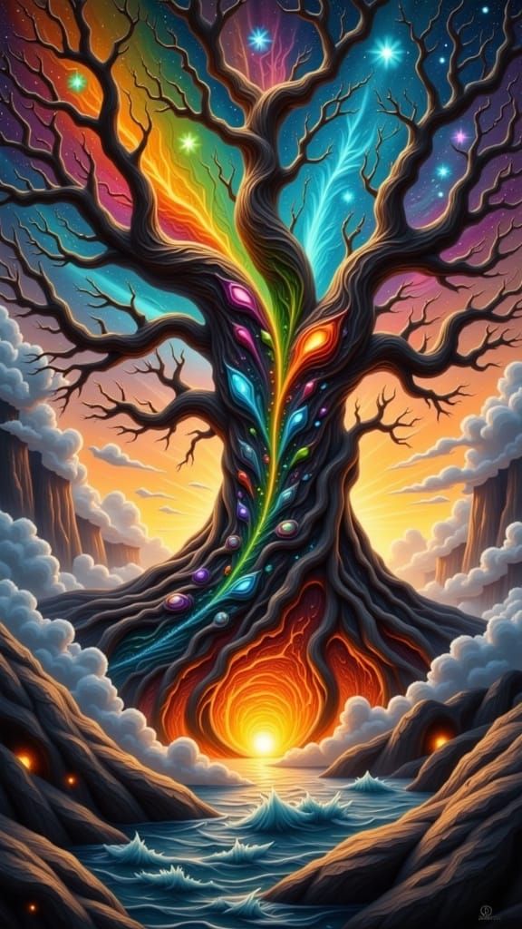 Ancient Core Tree Radiates Life with Vibrant Gemstones and C...
